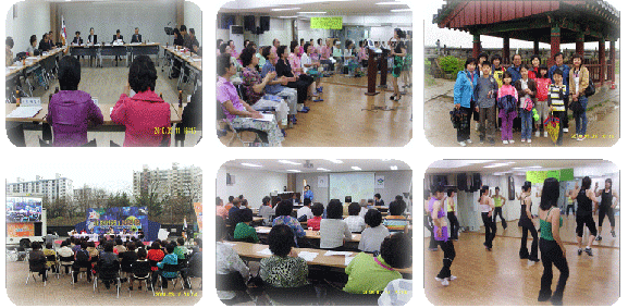 주민들의 다양한 모습이 담긴 이미지, 6장의 사진이며 각각 주민들이 회의를 하는 사진, 어르신들이 주민센터를 이용하는 모습, 야외 정자에서 주민들이 모여 사진을 찍은 모습, 야외에서 행사를 앉아서 관람하는 주민들의 모습, 실내에서 의자에 앉아 스크린 화면을 바라보는 주민들의 모습, 실내에서 춤을 배우는 주민들의 모습이다.