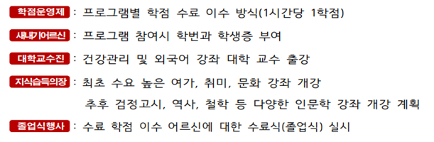 학점운영제 : 프로그램별 학점 수료 이수 방식(1시간당 1학점), 새내기어르신 : 프로그램 참여시 학번과 학생증 부여, 대학교수진 : 건강관리 및 외국어 강좌 대학 교수 출강, 지식습득의 장 : 최초 수요 높은 여가, 취미, 문화 강좌 개강, 추후 검정고시, 역사, 철학 등 다양한 인문학 강좌 개강 계획, 졸업식행사 : 수료 학점 이수 어르신에 대한 수료식(졸업식) 실시