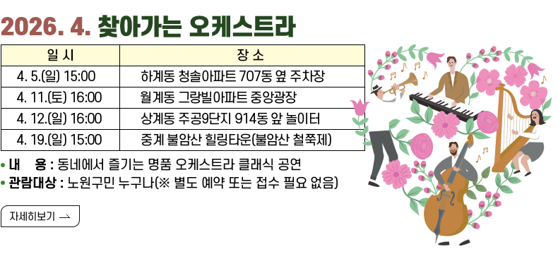 [제목]2026. 4. 찾아가는 오케스트라 [내용]4. 5.(일) 15:00	하계 청솔아파트 707동 옆 주차장	 4. 11.(토) 16:00	월계 그랑빌아파트 중앙광장	 4. 12.(일) 16:00	상계 주공9단지(아) 914동 앞 어린이놀이터	 4. 19.(일) 15:00	중계 불암산 힐링타운(불암산 철쭉제 주말공연) 내용: 동네에서 즐기는 명품 오케스트라 클래식 공연 관람대상: 노원구민 누구나(※ 별도 예약 또는 접수 필요 없음) [자세히 보기]